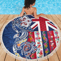 Hawaiian Manta Ray and Turtle Tribal Tattoo Beach Blanket With Hawaii Flag and Flowers
