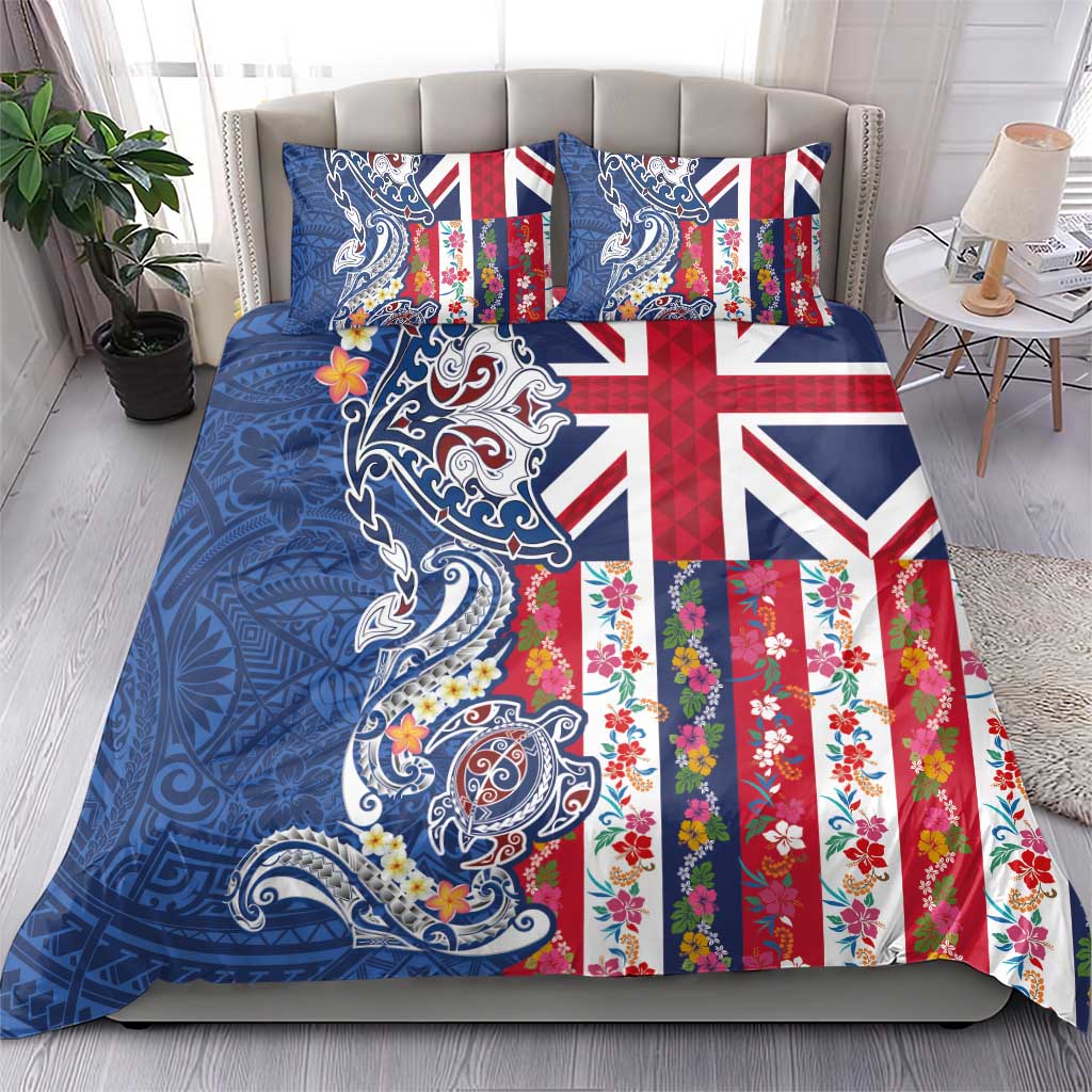 Hawaiian Manta Ray and Turtle Tribal Tattoo Bedding Set With Hawaii Flag and Flowers
