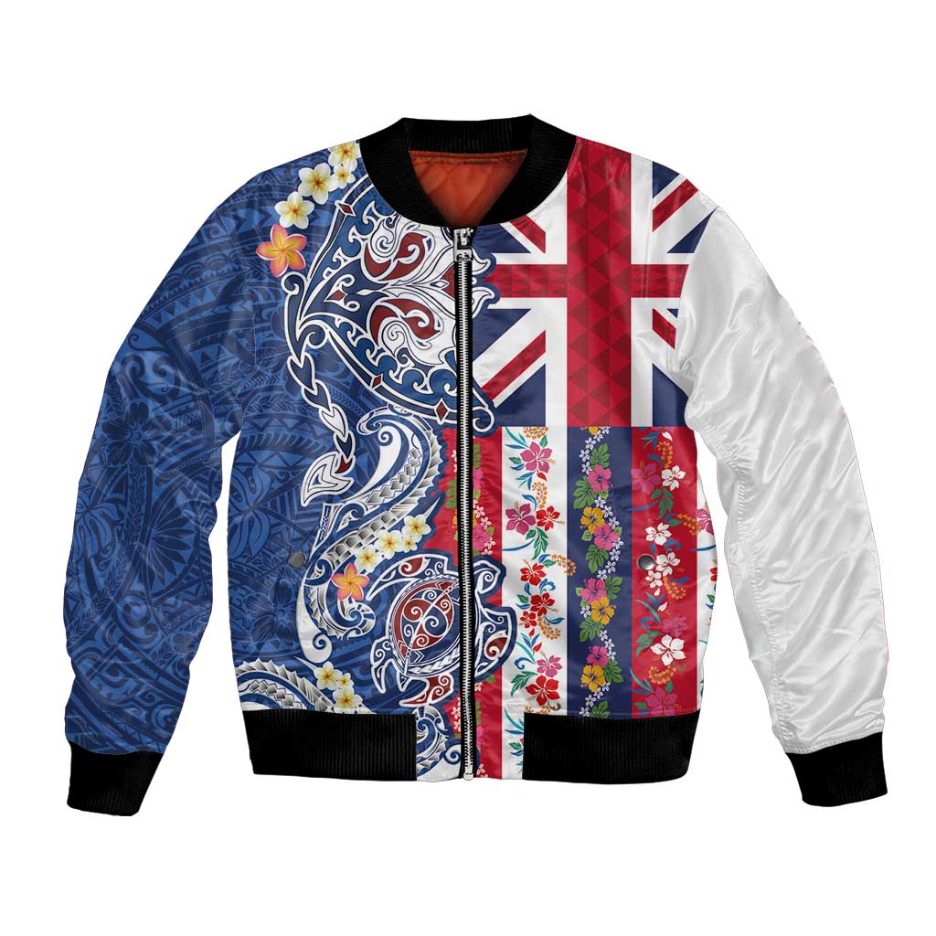 Hawaiian Manta Ray and Turtle Tribal Tattoo Bomber Jacket With Hawaii Flag and Flowers
