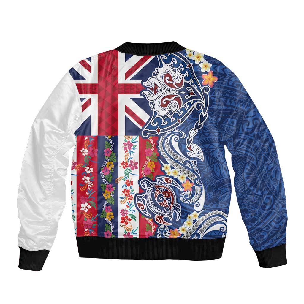 Hawaiian Manta Ray and Turtle Tribal Tattoo Bomber Jacket With Hawaii Flag and Flowers