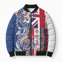 Hawaiian Manta Ray and Turtle Tribal Tattoo Bomber Puffer Jacket With Hawaii Flag and Flowers