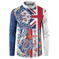 Hawaiian Manta Ray and Turtle Tribal Tattoo Button Sweatshirt With Hawaii Flag and Flowers LT03 Multicolor - Polynesian Pride