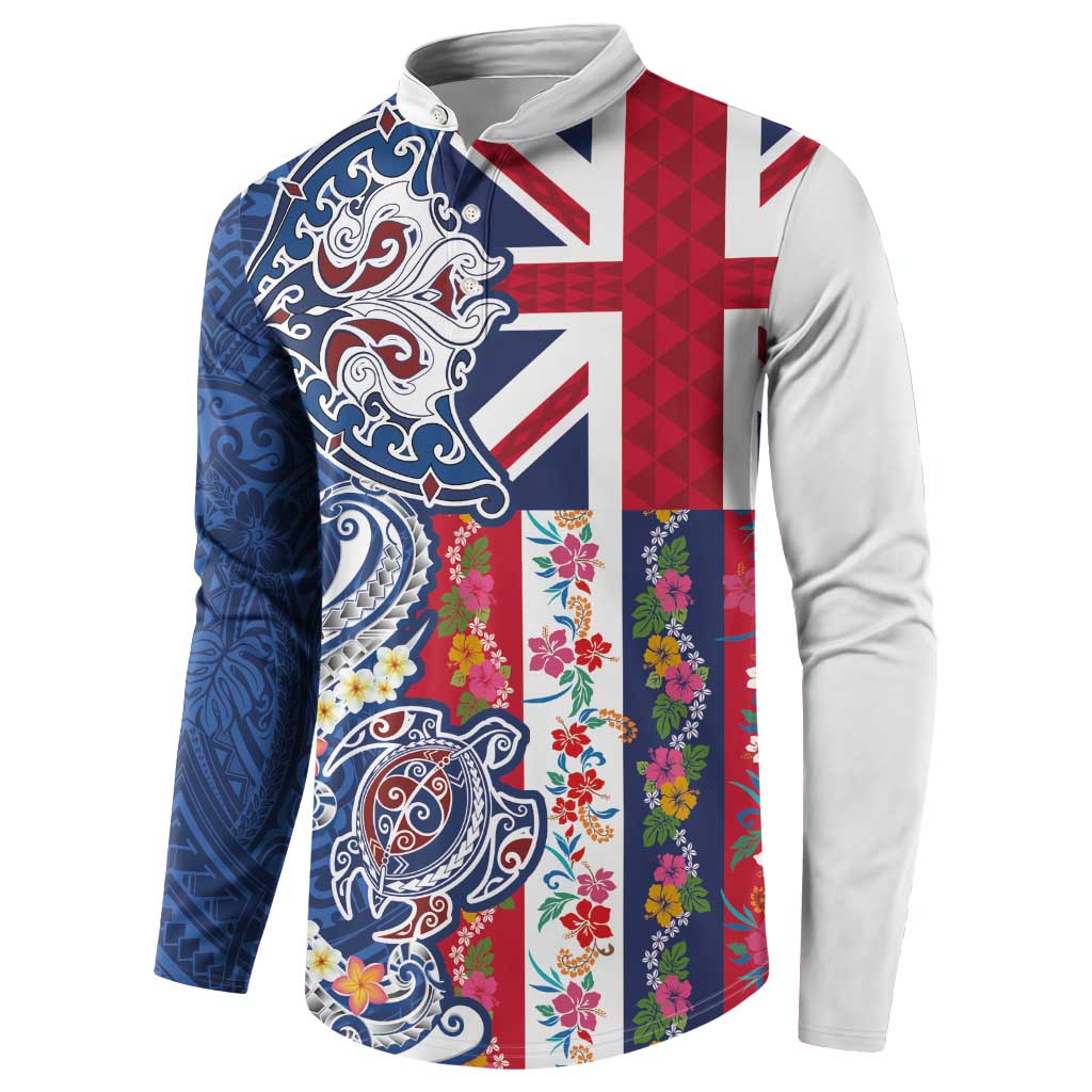 Hawaiian Manta Ray and Turtle Tribal Tattoo Button Sweatshirt With Hawaii Flag and Flowers LT03 - Polynesian Pride