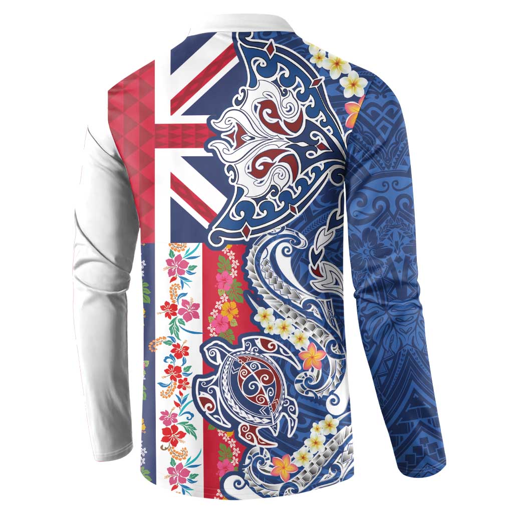 Hawaiian Manta Ray and Turtle Tribal Tattoo Button Sweatshirt With Hawaii Flag and Flowers LT03 - Polynesian Pride