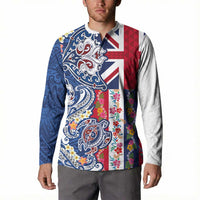 Hawaiian Manta Ray and Turtle Tribal Tattoo Button Sweatshirt With Hawaii Flag and Flowers LT03 - Polynesian Pride