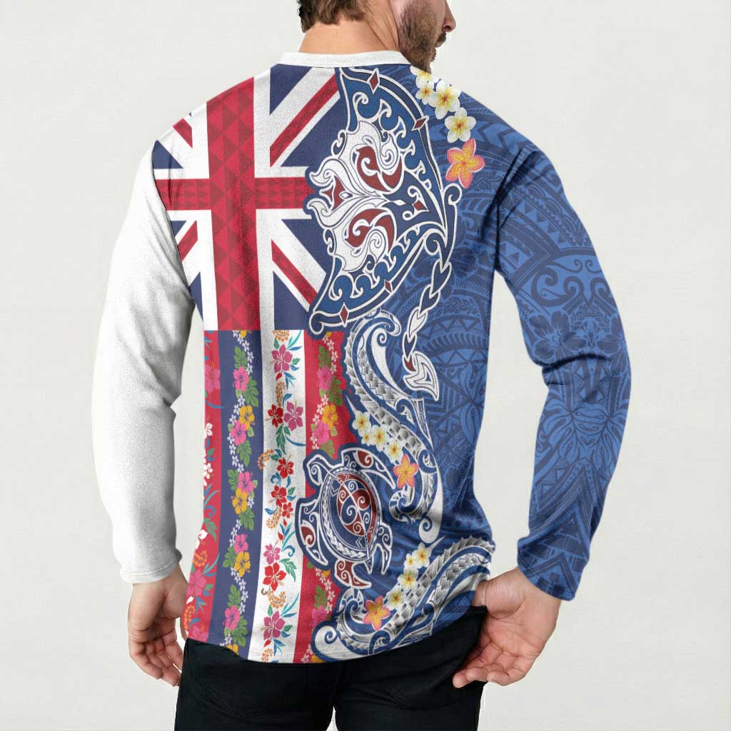 Hawaiian Manta Ray and Turtle Tribal Tattoo Button Sweatshirt With Hawaii Flag and Flowers LT03 - Polynesian Pride