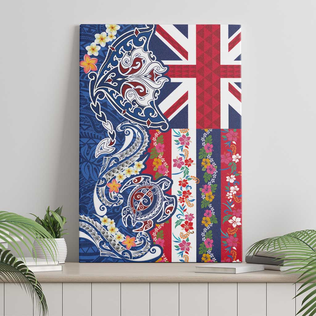 Hawaiian Manta Ray and Turtle Tribal Tattoo Canvas Wall Art With Hawaii Flag and Flowers LT03 - Polynesian Pride