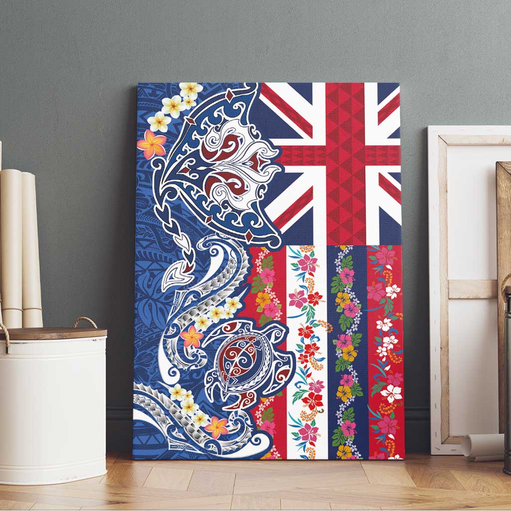 Hawaiian Manta Ray and Turtle Tribal Tattoo Canvas Wall Art With Hawaii Flag and Flowers LT03 - Polynesian Pride