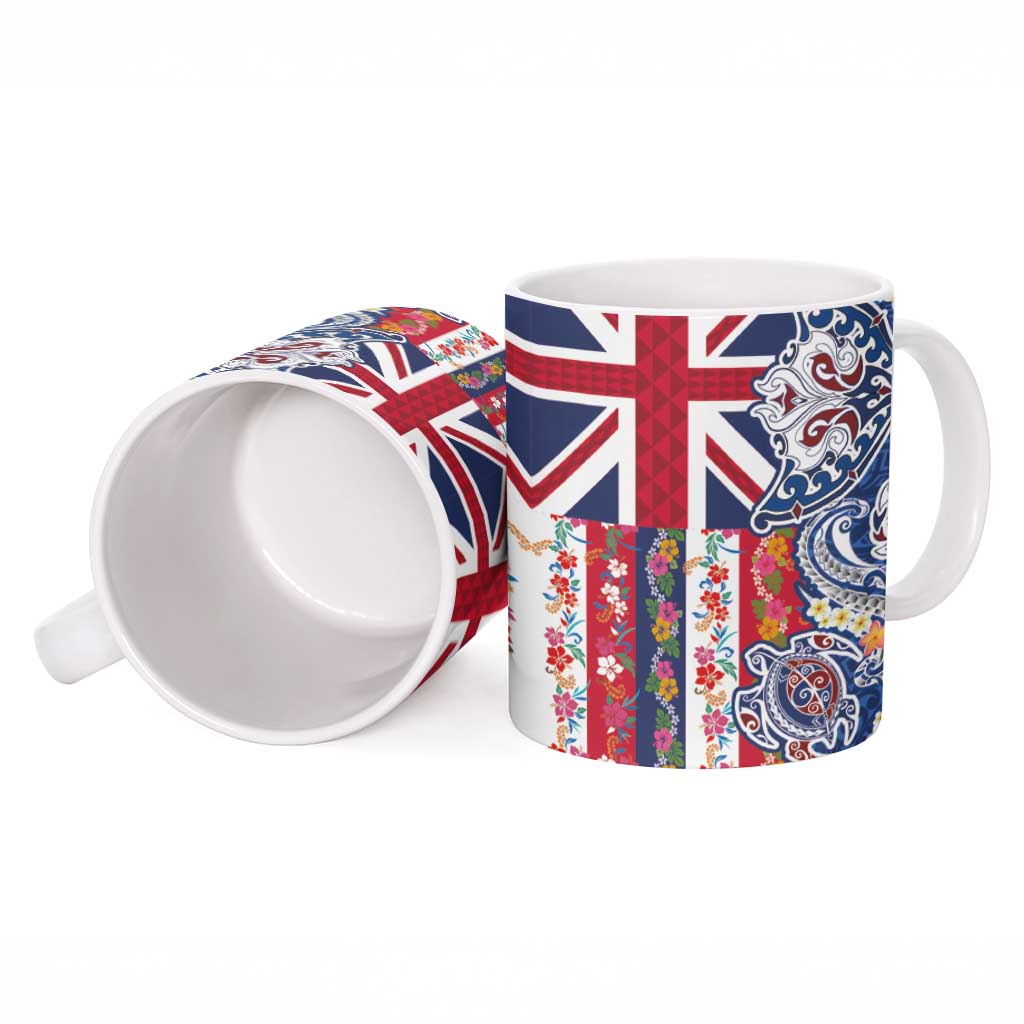 Hawaiian Manta Ray and Turtle Tribal Tattoo Ceramic Mug With Hawaii Flag and Flowers