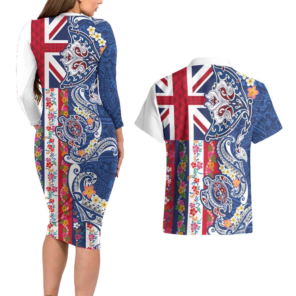 Hawaiian Manta Ray and Turtle Tribal Tattoo Couples Matching Long Sleeve Bodycon Dress and Hawaiian Shirt With Hawaii Flag and Flowers LT03 - Polynesian Pride