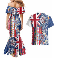 Hawaiian Manta Ray and Turtle Tribal Tattoo Couples Matching Mermaid Dress and Hawaiian Shirt With Hawaii Flag and Flowers LT03 - Polynesian Pride