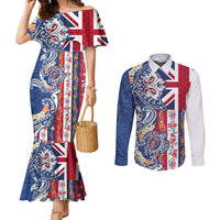 Hawaiian Manta Ray and Turtle Tribal Tattoo Couples Matching Mermaid Dress and Long Sleeve Button Shirt With Hawaii Flag and Flowers