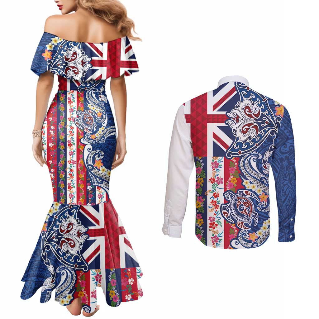 Hawaiian Manta Ray and Turtle Tribal Tattoo Couples Matching Mermaid Dress and Long Sleeve Button Shirt With Hawaii Flag and Flowers