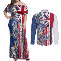 Hawaiian Manta Ray and Turtle Tribal Tattoo Couples Matching Off Shoulder Maxi Dress and Long Sleeve Button Shirt With Hawaii Flag and Flowers