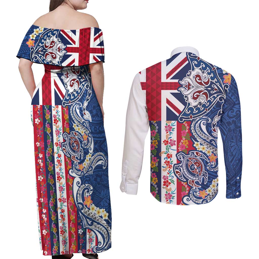 Hawaiian Manta Ray and Turtle Tribal Tattoo Couples Matching Off Shoulder Maxi Dress and Long Sleeve Button Shirt With Hawaii Flag and Flowers