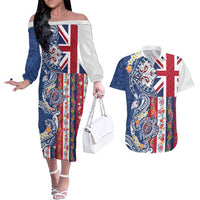 Hawaiian Manta Ray and Turtle Tribal Tattoo Couples Matching Off The Shoulder Long Sleeve Dress and Hawaiian Shirt With Hawaii Flag and Flowers LT03 Multicolor - Polynesian Pride