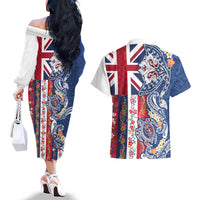 Hawaiian Manta Ray and Turtle Tribal Tattoo Couples Matching Off The Shoulder Long Sleeve Dress and Hawaiian Shirt With Hawaii Flag and Flowers LT03 - Polynesian Pride