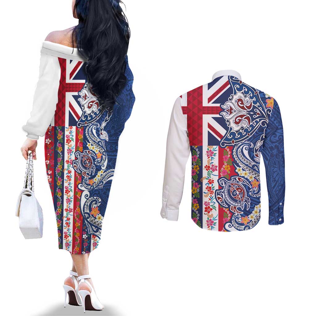 Hawaiian Manta Ray and Turtle Tribal Tattoo Couples Matching Off The Shoulder Long Sleeve Dress and Long Sleeve Button Shirt With Hawaii Flag and Flowers