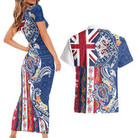 Hawaiian Manta Ray and Turtle Tribal Tattoo Couples Matching Short Sleeve Bodycon Dress and Hawaiian Shirt With Hawaii Flag and Flowers LT03 - Polynesian Pride