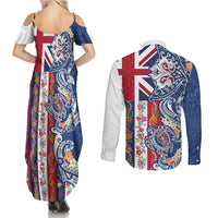 Hawaiian Manta Ray and Turtle Tribal Tattoo Couples Matching Summer Maxi Dress and Long Sleeve Button Shirt With Hawaii Flag and Flowers