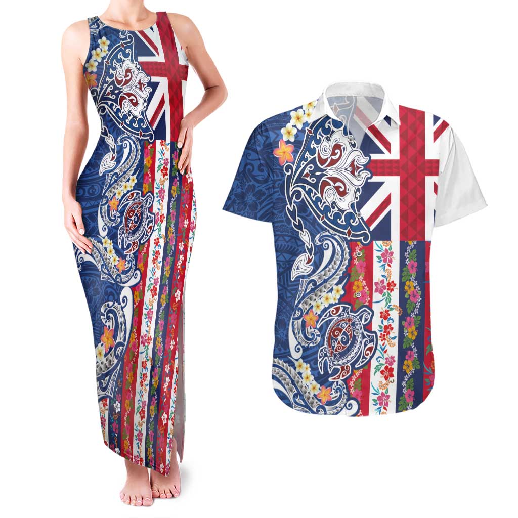 Hawaiian Manta Ray and Turtle Tribal Tattoo Couples Matching Tank Maxi Dress and Hawaiian Shirt With Hawaii Flag and Flowers