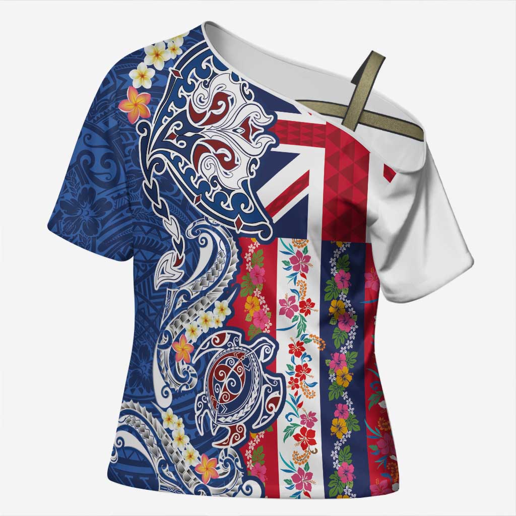 Hawaiian Manta Ray and Turtle Tribal Tattoo Cross Shoulder Shirt With Hawaii Flag and Flowers LT03 Female Multicolor - Polynesian Pride