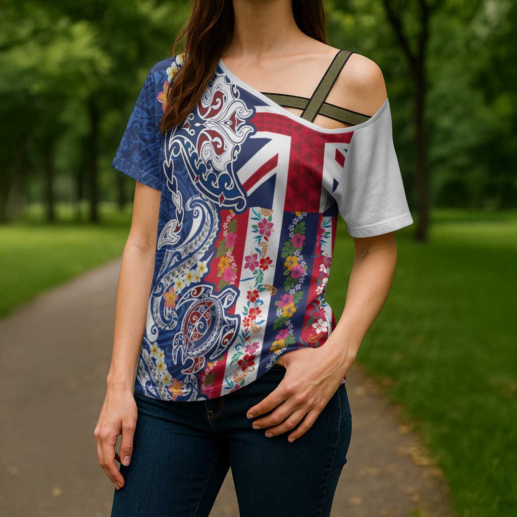 Hawaiian Manta Ray and Turtle Tribal Tattoo Cross Shoulder Shirt With Hawaii Flag and Flowers LT03 - Polynesian Pride