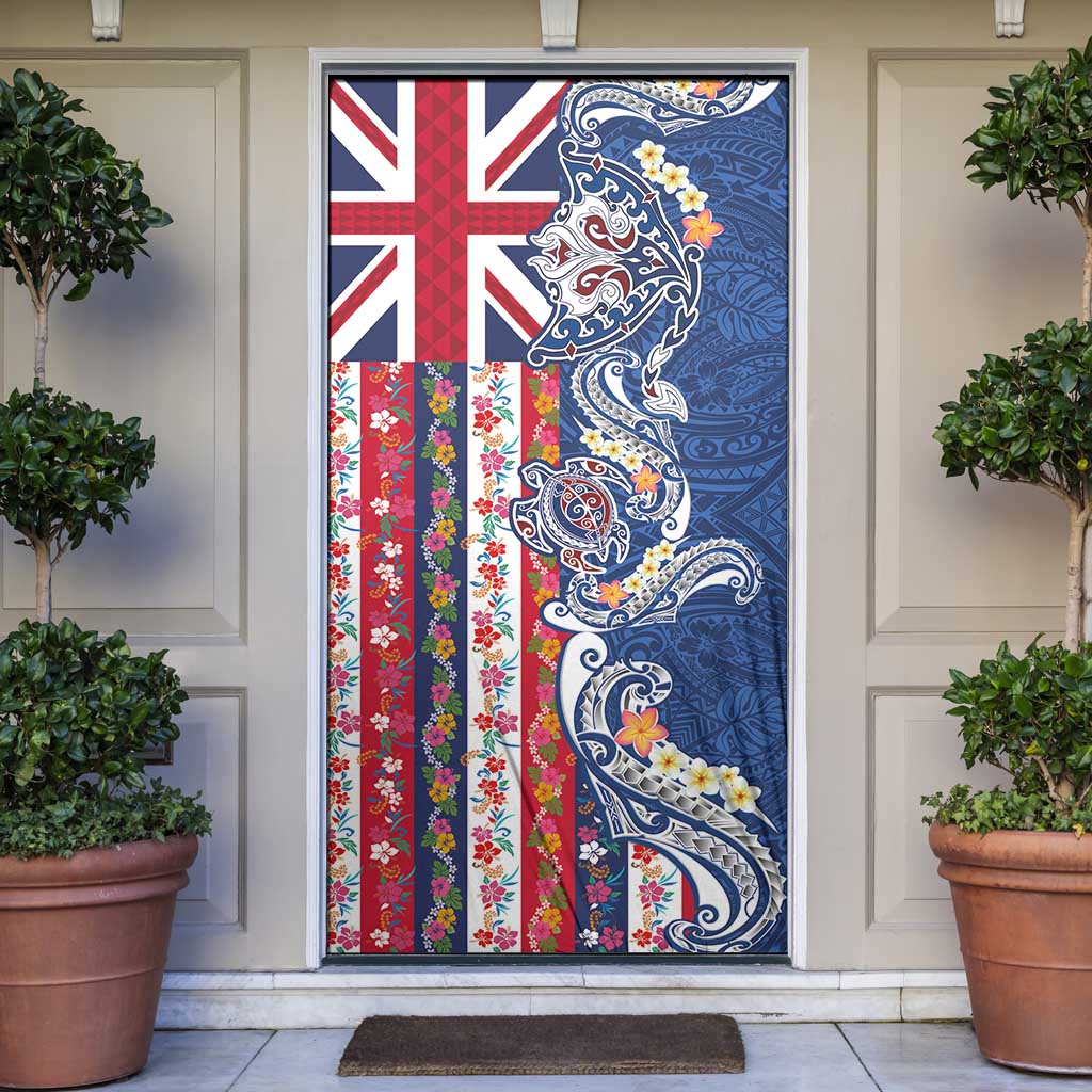 Hawaiian Manta Ray and Turtle Tribal Tattoo Door Cover With Hawaii Flag and Flowers LT03 Multicolor - Polynesian Pride