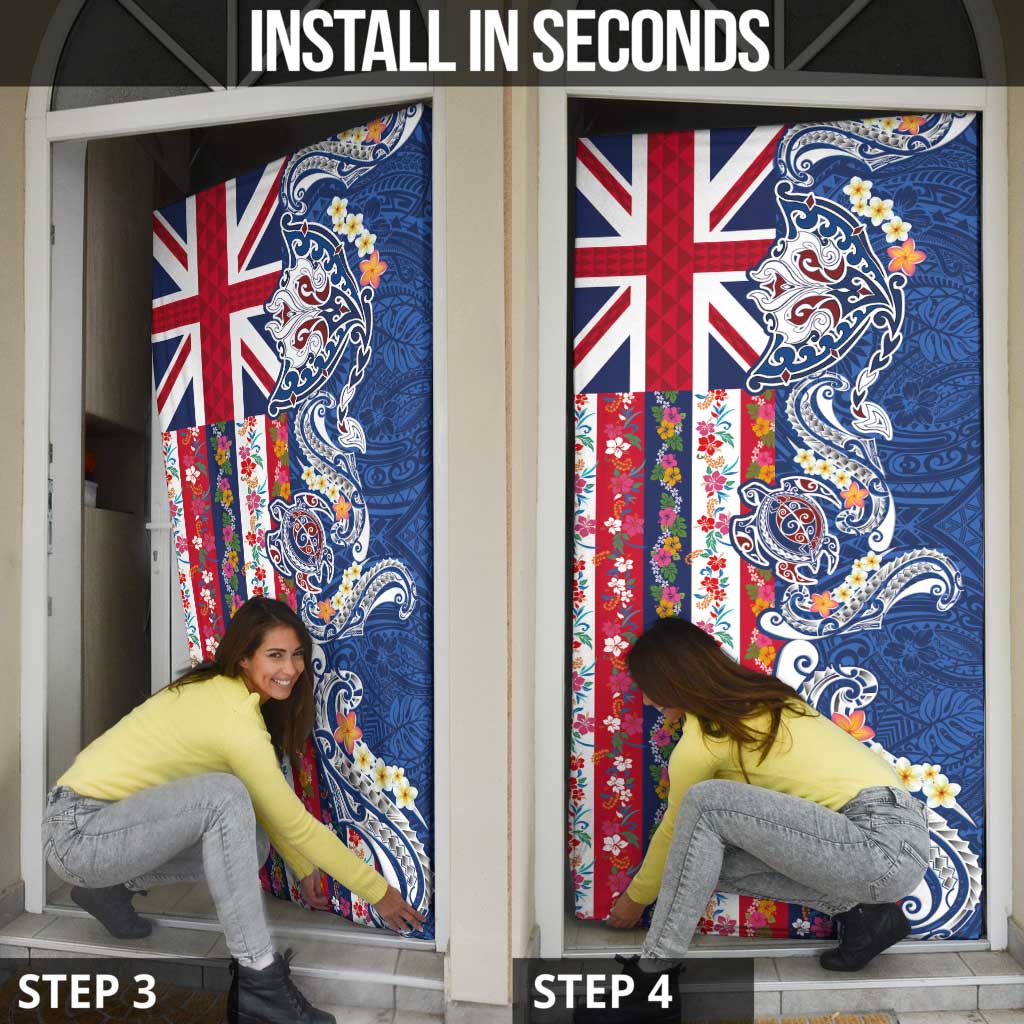 Hawaiian Manta Ray and Turtle Tribal Tattoo Door Cover With Hawaii Flag and Flowers LT03 - Polynesian Pride