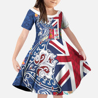 Hawaiian Manta Ray and Turtle Tribal Tattoo Family Matching Long Sleeve Bodycon Dress and Hawaiian Shirt With Hawaii Flag and Flowers LT03 Daughter's Dress Multicolor - Polynesian Pride