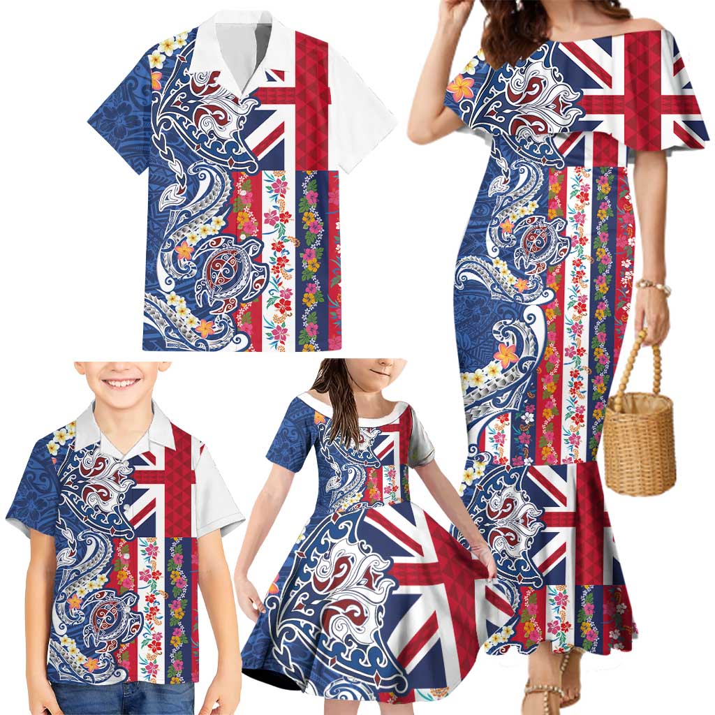 Hawaiian Manta Ray and Turtle Tribal Tattoo Family Matching Mermaid Dress and Hawaiian Shirt With Hawaii Flag and Flowers