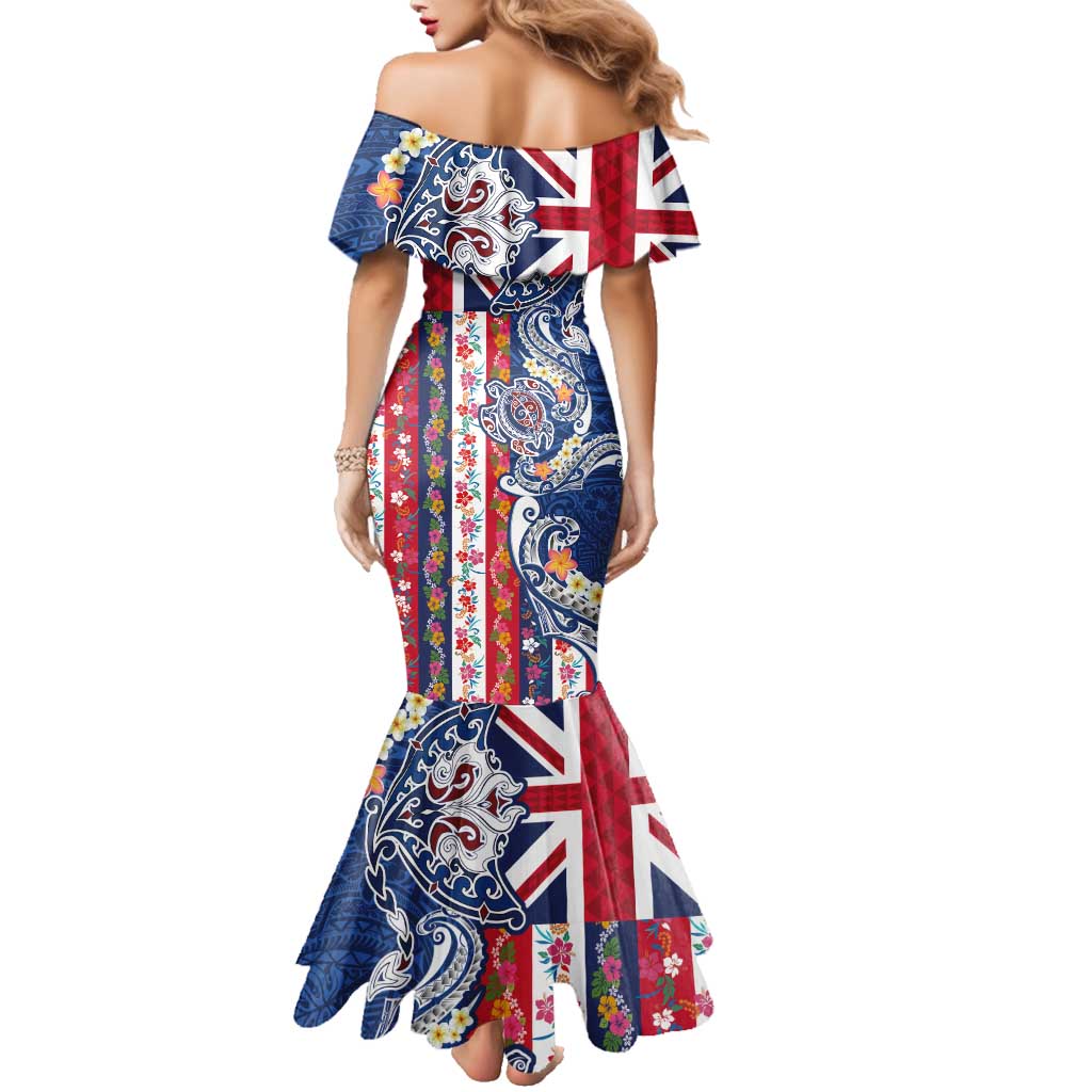 Hawaiian Manta Ray and Turtle Tribal Tattoo Family Matching Mermaid Dress and Hawaiian Shirt With Hawaii Flag and Flowers LT03 - Polynesian Pride