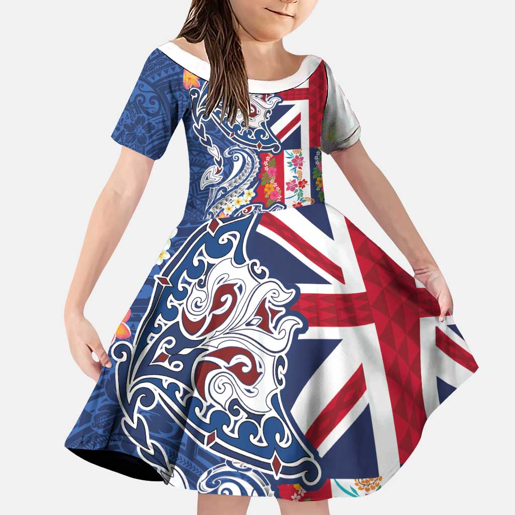 Hawaiian Manta Ray and Turtle Tribal Tattoo Family Matching Off The Shoulder Long Sleeve Dress and Hawaiian Shirt With Hawaii Flag and Flowers LT03 Daughter's Dress Multicolor - Polynesian Pride