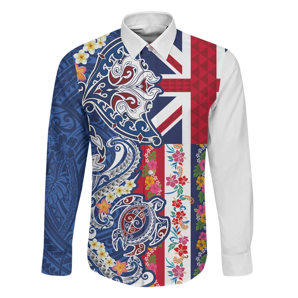 Hawaiian Manta Ray and Turtle Tribal Tattoo Family Matching Off Shoulder Maxi Dress and Hawaiian Shirt With Hawaii Flag and Flowers LT03 Dad's Shirt - Long Sleeve Multicolor - Polynesian Pride