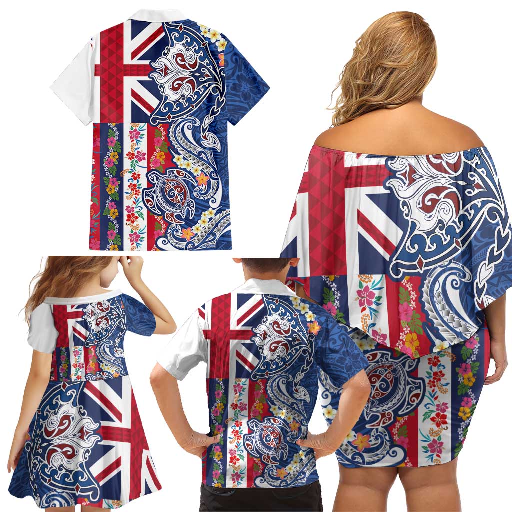 Hawaiian Manta Ray and Turtle Tribal Tattoo Family Matching Off Shoulder Short Dress and Hawaiian Shirt With Hawaii Flag and Flowers LT03 - Polynesian Pride