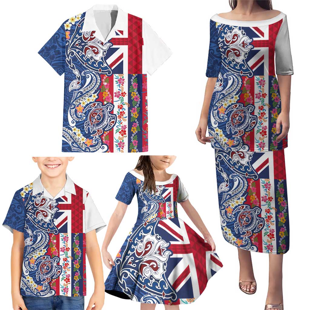 Hawaiian Manta Ray and Turtle Tribal Tattoo Family Matching Puletasi and Hawaiian Shirt With Hawaii Flag and Flowers LT03 - Polynesian Pride