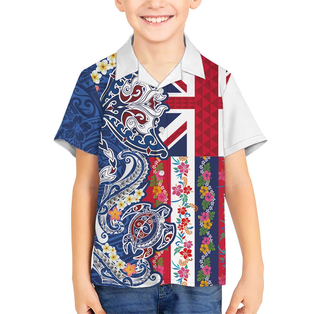 Hawaiian Manta Ray and Turtle Tribal Tattoo Family Matching Puletasi and Hawaiian Shirt With Hawaii Flag and Flowers LT03 Son's Shirt Multicolor - Polynesian Pride