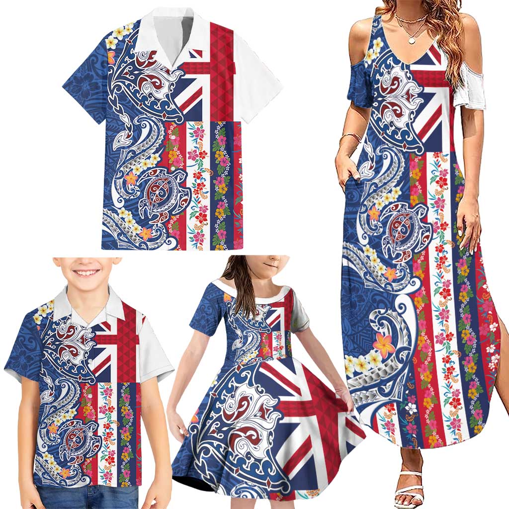 Hawaiian Manta Ray and Turtle Tribal Tattoo Family Matching Summer Maxi Dress and Hawaiian Shirt With Hawaii Flag and Flowers LT03 - Polynesian Pride