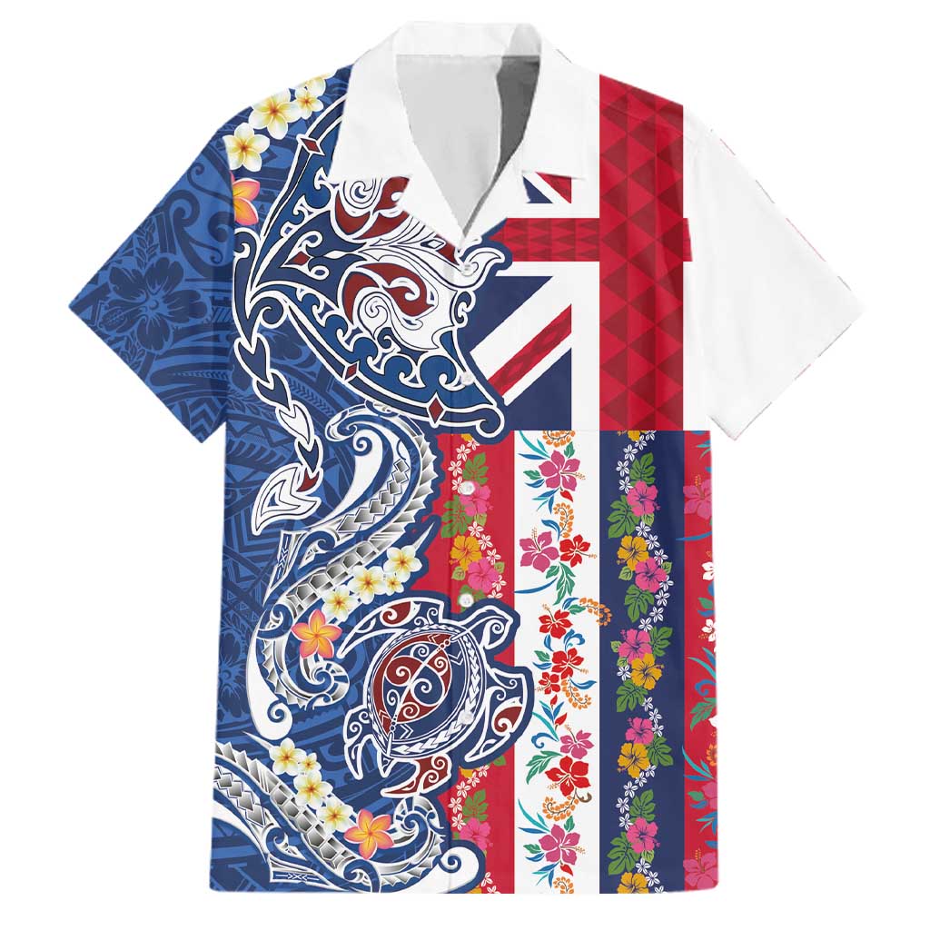Hawaiian Manta Ray and Turtle Tribal Tattoo Family Matching Summer Maxi Dress and Hawaiian Shirt With Hawaii Flag and Flowers LT03 Dad's Shirt - Short Sleeve Multicolor - Polynesian Pride