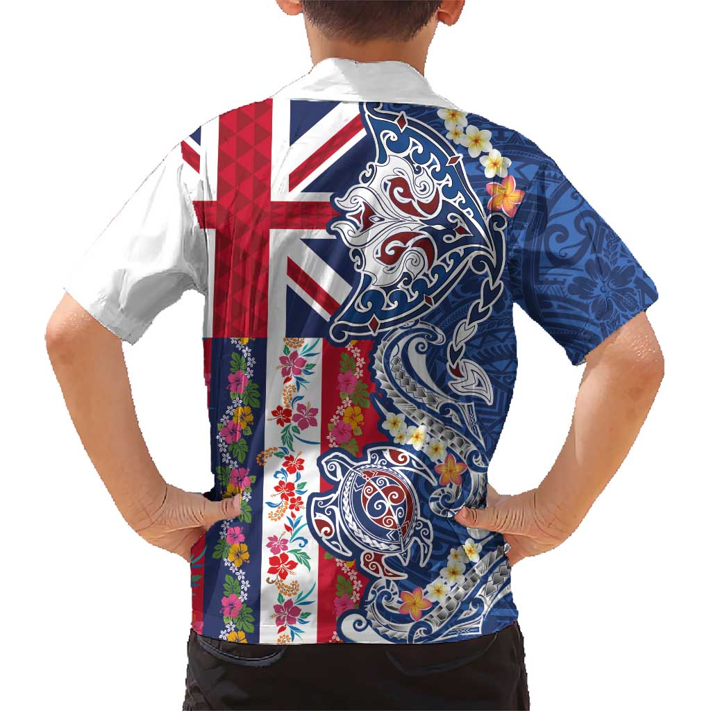 Hawaiian Manta Ray and Turtle Tribal Tattoo Family Matching Tank Maxi Dress and Hawaiian Shirt With Hawaii Flag and Flowers LT03 - Polynesian Pride