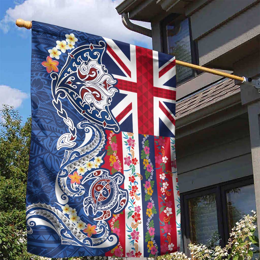 Hawaiian Manta Ray and Turtle Tribal Tattoo Garden Flag With Hawaii Flag and Flowers LT03 - Polynesian Pride