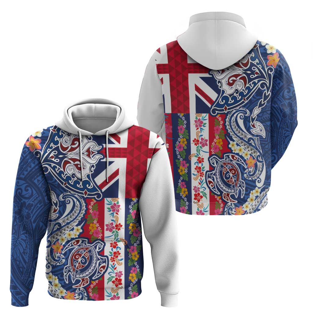 Hawaiian Manta Ray and Turtle Tribal Tattoo Hoodie With Hawaii Flag and Flowers LT03 - Polynesian Pride