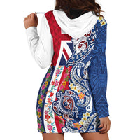 Hawaiian Manta Ray and Turtle Tribal Tattoo Hoodie Dress With Hawaii Flag and Flowers