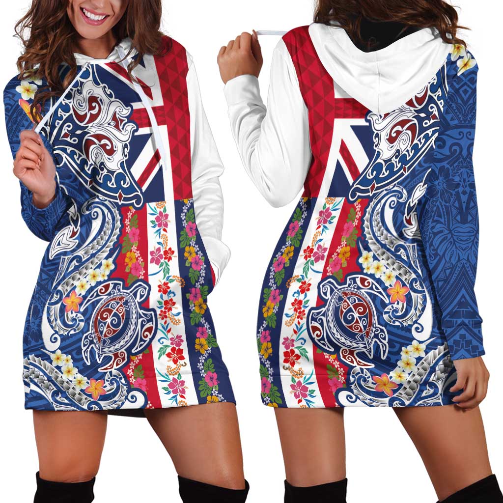 Hawaiian Manta Ray and Turtle Tribal Tattoo Hoodie Dress With Hawaii Flag and Flowers