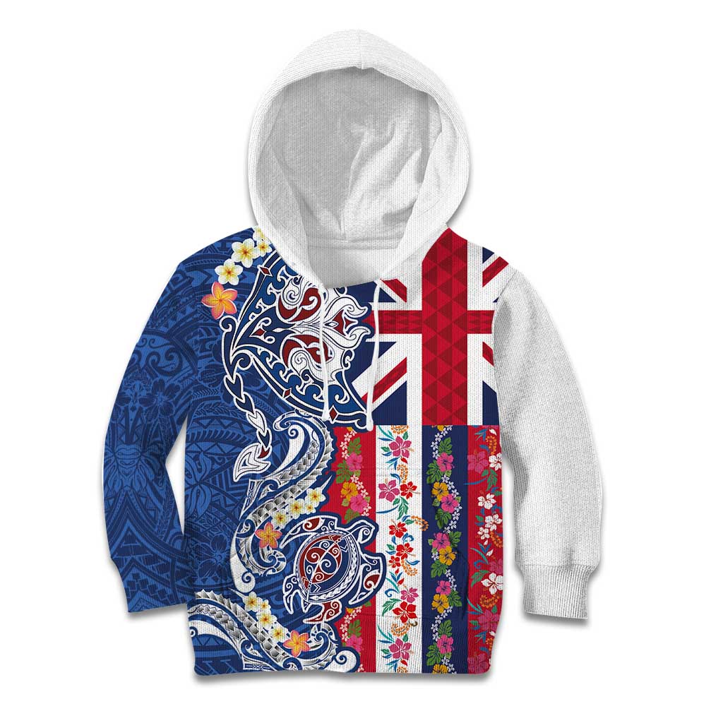 Hawaiian Manta Ray and Turtle Tribal Tattoo Kid Hoodie With Hawaii Flag and Flowers
