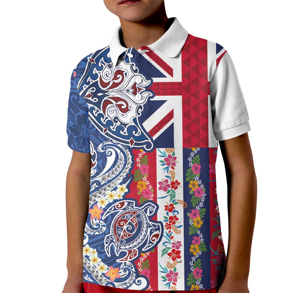Hawaiian Manta Ray and Turtle Tribal Tattoo Kid Polo Shirt With Hawaii Flag and Flowers LT03 Kid Multicolor - Polynesian Pride