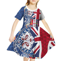Hawaiian Manta Ray and Turtle Tribal Tattoo Kid Short Sleeve Dress With Hawaii Flag and Flowers LT03 - Polynesian Pride