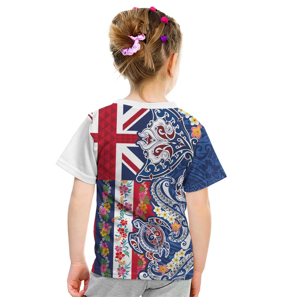 Hawaiian Manta Ray and Turtle Tribal Tattoo Kid T Shirt With Hawaii Flag and Flowers LT03 - Polynesian Pride