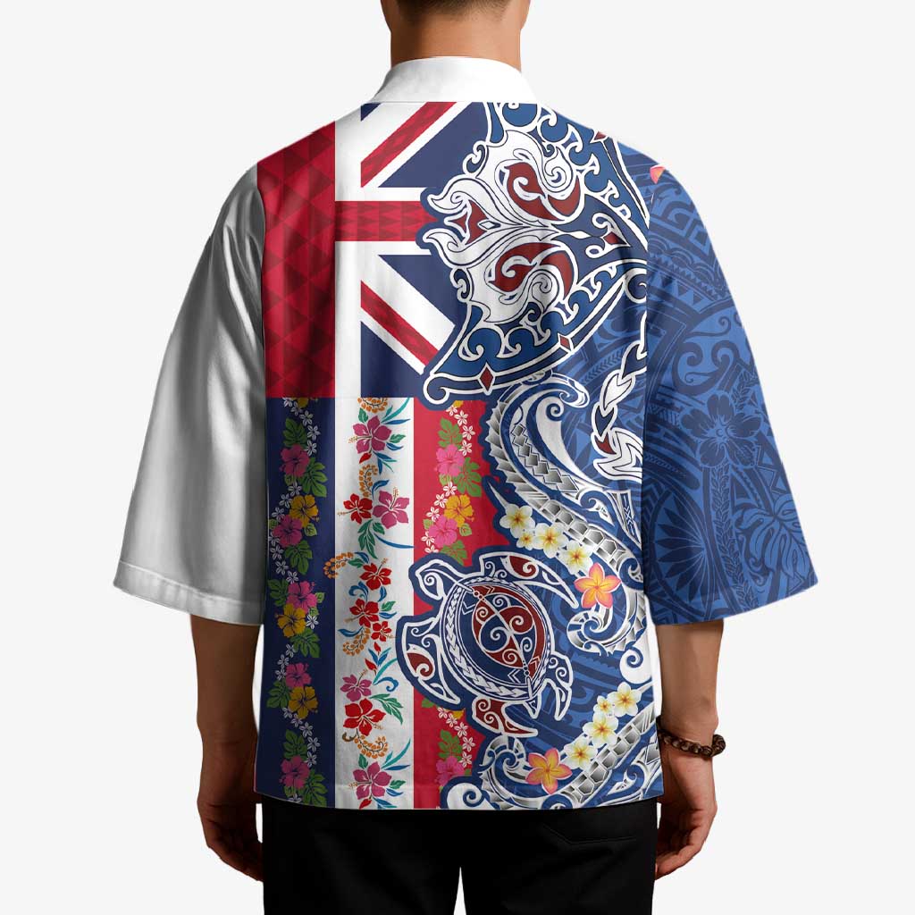 Hawaiian Manta Ray and Turtle Tribal Tattoo Kimono With Hawaii Flag and Flowers