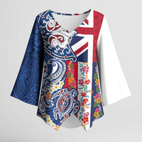 Hawaiian Manta Ray and Turtle Tribal Tattoo Kimono Sleeve Blouse With Hawaii Flag and Flowers LT03 Female Multicolor - Polynesian Pride